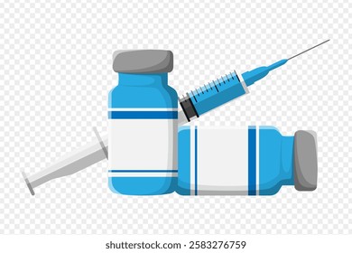 Vector illustration of vials and syringe on transparent background