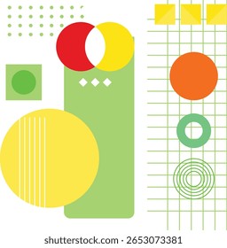 A vector illustration of a vibrant, abstract composition featuring various geometric shapes in green, yellow, red, and orange