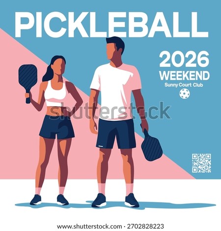 Vector illustration, vibrant advertisement, poster, invitation for a pickleball club 2026 weekend. A man and woman with rackets on a court, pink and blue background. For banners, sports clubs, events