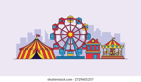 Ilustración vectorial de un vibrante parque de diversiones con una noria, un carrusel y una carpa de circo contra el horizonte de la ciudad.