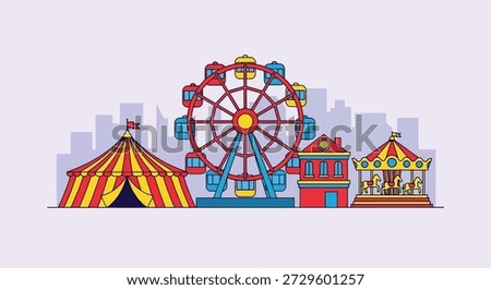 Vector illustration of a vibrant amusement park scene featuring a Ferris wheel, carousel, and circus tent against a city skyline.