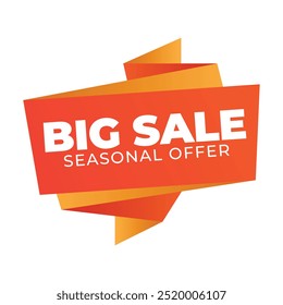 Ilustración vectorial de una vibrante etiqueta de 'Big Sale' con texto de oferta de temporada, con un moderno diseño de cinta naranja y roja, perfecto para promociones, anuncios y descuentos.