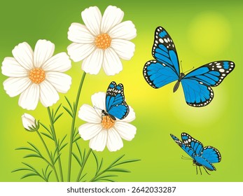 Vector illustration of vibrant blue butterflies near white flowers with a soft green gradient background