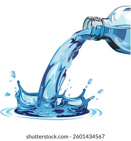 A vector illustration of vibrant blue water pouring from a bottle in dynamic motion. Perfect for branding, packaging, ads, and eco-themed designs needing a fresh, clean look