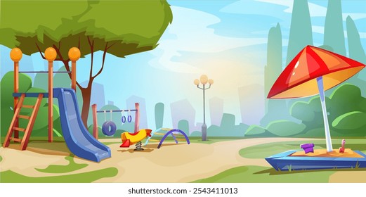 Vector illustration of vibrant childrens playground scene featuring slides, swings, seesaw, sandbox with umbrella, and lush greenery. Ideal for designs related to kids, outdoor activities, parks