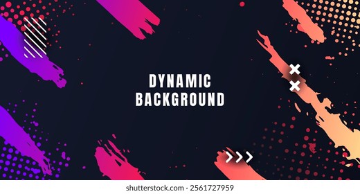 Vector illustration. Vibrant color background. Flowing color paint brush strokes with memphis pattern elements and halftone dots. Dynamic design for web banner, website design. Panoramic wallpaper