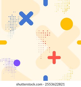 Vector illustration. Vibrant color seamless cool bright neo background with memphis pattern shapes and halftone dots. Design elements for social media template, web banner. Retro funky graphic 