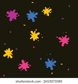 A vector illustration of vibrant, colorful paint splatters and confetti scattered across a dark background