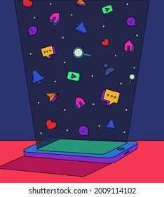 A vector illustration with vibrant colors, the realm of social media and digital world..