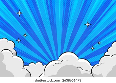 Vector illustration of a vibrant comic-style background featuring dynamic blue radial rays, halftone patterns, fluffy cartoon clouds. Perfect for pop art themes, superhero designs, children’s book.