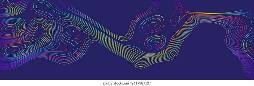 Vector illustration of vibrant contour lines forming an abstract pattern over a dark background, evoking a sense of modern design, creativity, and dynamic motion.