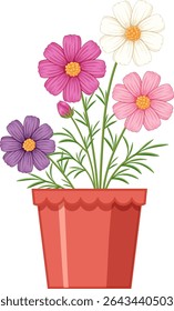 Vector illustration of vibrant cosmos flowers in a terracotta pot. Bright colors and clean lines create a cheerful composition