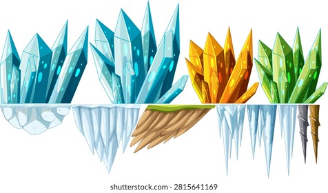Vector illustration of vibrant crystal clusters on floating land, ice, and rock platforms, cartoon style