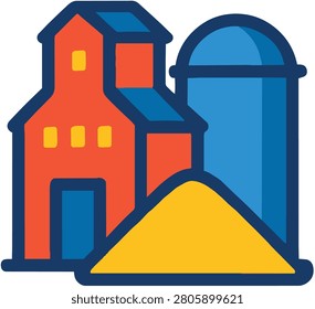 Vector illustration of a vibrant grain elevator and farm silo icon representing modern agricultural industrial storage.
