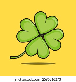 Vector illustration of a vibrant green four-leaf clover for Good Luck and Fortune in yellow background