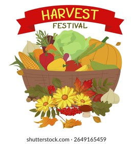 Vector illustration of a vibrant harvest basket overflowing with fresh vegetables, fruits, flowers, and leaves. This festive design embodies the spirit of a traditional harvest festival.
