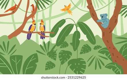 Ilustração vetorial de uma floresta vibrante com vinhas, árvores, coala e pássaros e papagaios coloridos. Aves e animais em um habitat natural rico em vegetação