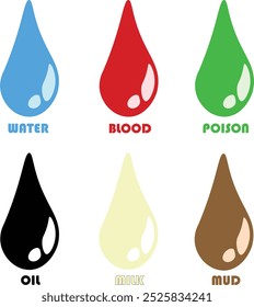 Vektorgrafik lebendige Flüssigkeitströpfchen Symbole, die verschiedene Substanzen Wasser, Blut, Gift, Öl, Milch und Schlamm darstellen. Perfekt für wissenschaftliche, medizinische oder gefahrenbezogene Designs.