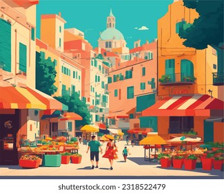 vector illustration of a vibrant and lively urban village, showcasing stylish buildings, sidewalk cafes, and a vibrant street life.