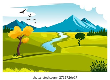 Eine Vektorgrafik einer lebendigen Berglandschaft im flachen Illustrationsstil. Vorder- und Mittelfeld sind riesige, hügelige grüne Wiesen. Ein hellblauer Fluss oder Bach schlängelt sich durch die Wiese in Richtung Hintergrund. Im Hintergrund dominieren hohe, scharfe blaue Berge den Horizont. Ganz rechts befindet sich ein dunkelgrüner Fichtenwald. Auf der linken Seite befindet sich ein großer Baum mit markanten goldgelben Blättern. In der Mitte rechts ist ein weiterer Baum mit dunkelgrünen Blättern. Und verziert mit mehreren schwarzen Vögeln, die in einem hellblauen wolkigen Himmel fliegen, was eine ruhige und ruhige Atmosphäre impliziert.