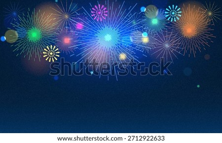 Vector illustration of a vibrant night sky with fireworks, perfect for festive, New Year, or celebratory themes. Retro film photography effect. Grunge texture frame. Dusted Holographic Abstract style