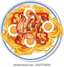Vector illustration of a vibrant noodle dish with eggs, vegetables, and meat on a decorative plate