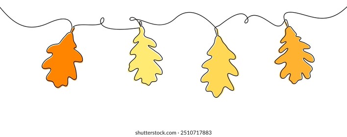 Vector illustration of vibrant oak leaves in various autumn shades hanging on a continuous line, perfect for seasonal designs.