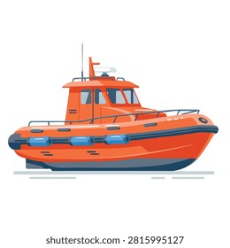 Vector illustration of a vibrant orange rescue pilot boat with blue fenders shown from the side profile isolated on a plain white background