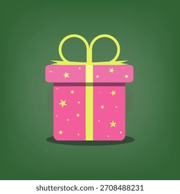 Vector illustration A vibrant pink gift box decorated with glowing stars and a bright yellow ribbon sits against a plain background, perfect for celebrations and joyful events.