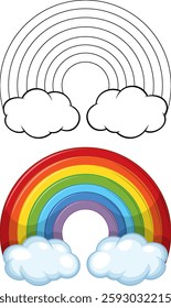 Vector illustration of a vibrant rainbow with fluffy white clouds