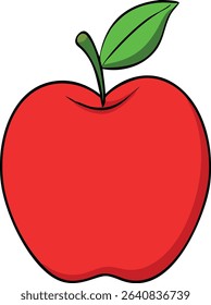 Vector illustration of a vibrant red apple featuring green leaf and stem depicting healthy eating and fresh produce
