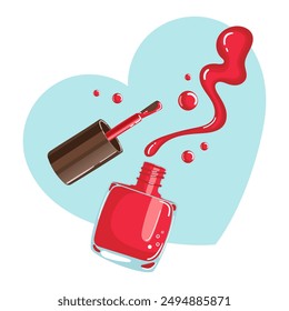 Vector illustration of vibrant red nail polish with a brush and splash, set against a heart background