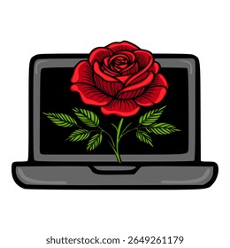 A vector illustration of a vibrant red rose elegantly displayed on a dark grey laptop screen, symbolizing the fusion of nature and technology.