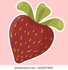 Una Ilustración vectorial de una fresa roja vibrante, con una textura suave y brillante, salpicada de semillas amarillas distribuidas uniformemente sobre su superficie, y coronada por un conjunto de hojas verdes frescas y estilizadas.