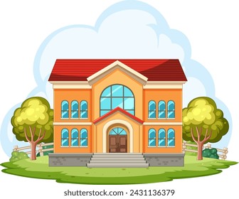 Ilustración vectorial de una escuela vibrante con árboles