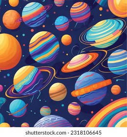 Vector Illustration of Vibrant Seamless Pattern of Interlocking Planets