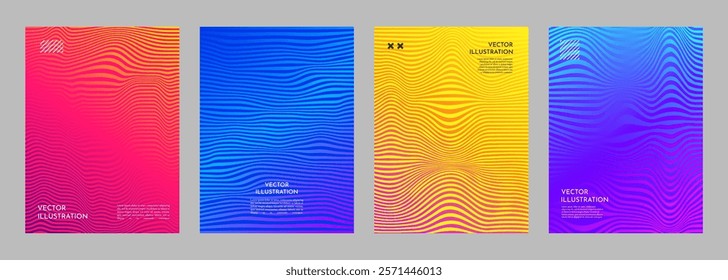 Vector illustration. Vibrant set of wavy line patterns with dynamic color gradients. Minimal design for poster, book cover, magazine, report, flyer, layout. Liquid distortion hypnotic concept