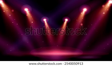 Vector illustration of vibrant stage scene with colorful spotlights in shades of red, orange, purple, creating dynamic and energetic atmosphere. Ideal for event, concert, performance-related designs