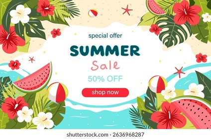 Vector illustration of a vibrant summer sale banner featuring tropical leaves, flowers, watermelon slices, beach balls,call to action for a special 50% discount. Perfect for promoting seasonal sales
