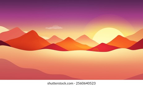 Vector illustration of a vibrant sunset over stylized mountains with soft clouds and warm colors. Perfect for backgrounds, landscapes, and nature-themed designs.