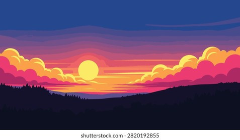 Vector illustration of a vibrant sunset over a silhouetted forest landscape with stylized pink and orange clouds, a large round sun, and a deep blue twilight sky background.