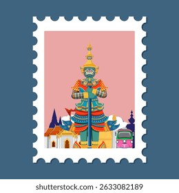 Ilustración vectorial de una vibrante estatua tailandesa con arquitectura tradicional, mostrando detalles intrincados y colores vivos