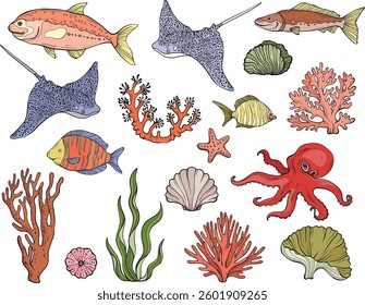A vector illustration with vibrant underwater scene with colorful tropical fish set, coral reefs, seaweed, and marine flora