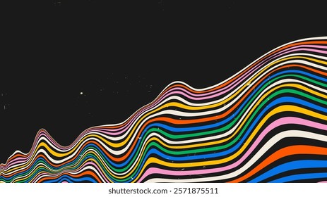 Vector illustration. Vibrant wavy rainbow lines on a black background. Psychedelic retro aesthetic with bold curves and dynamic flow. Design for modern posters, wallpapers, or digital designs