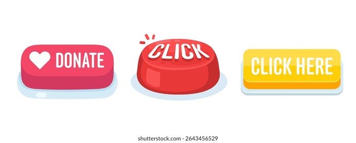 Ilustração vetorial de botões vibrantes da Web para doações, cliques e prompts de chamada para ação.