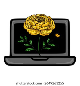 Vector illustration of a vibrant yellow ranunculus flower blooming on a laptop screen, symbolizing the fusion of nature and technology.