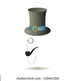 Vector illustration of victorian hat, pipe and monocle