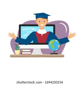 Vector illustration of video blog about university. Alumnus in mantle showing student life. Podcast concept of agitation. Video recording at home,dormitory or campus. Flat character and high education