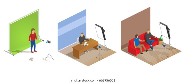 Vector illustration of a video blogger, shooting a story, recording at a studio, interview 3d.