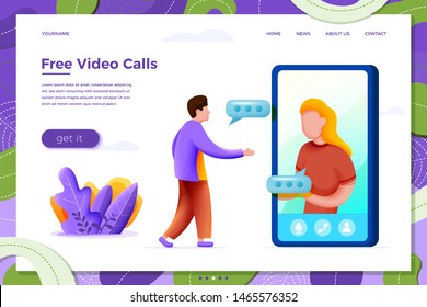 Vector illustration video call concept - cartoon girl chatting with man from phone, isolated on white background. Banner, site, poster template with place for your text.